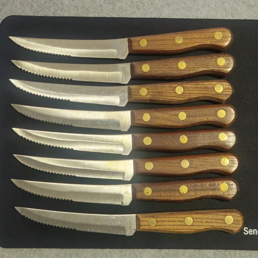 Old Homestead Steak Knife Set 8pc Wood Handles Block Stainless Japan Vintage